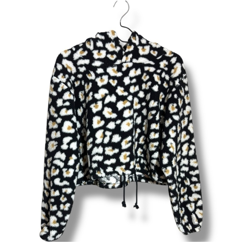 Wild Fable Black With Tan/White Animal Print Cropped Fleece Hooded Sweatshirt - Picture 13 of 16